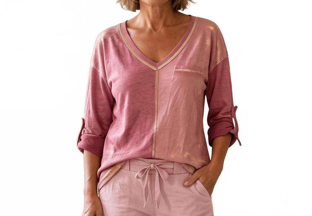 NEW MADE IN ITALY two tone long sleeve v-neck top in burgundy/pink